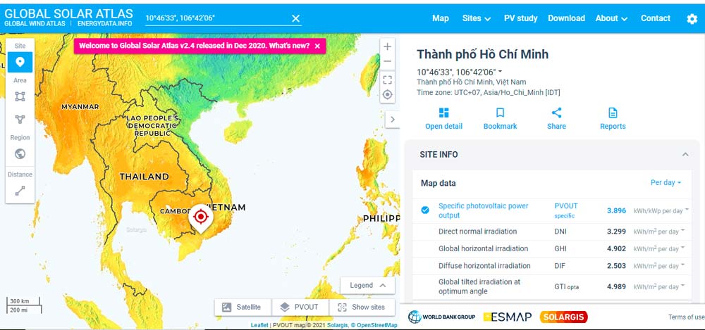 Biểu đồ tiềm năng điện mặt trời khu vực TP. Hồ Chí Minh